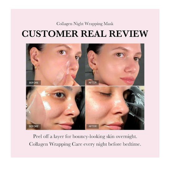 Collagen night wrapping mask packaging with customer real review text and images of faces.